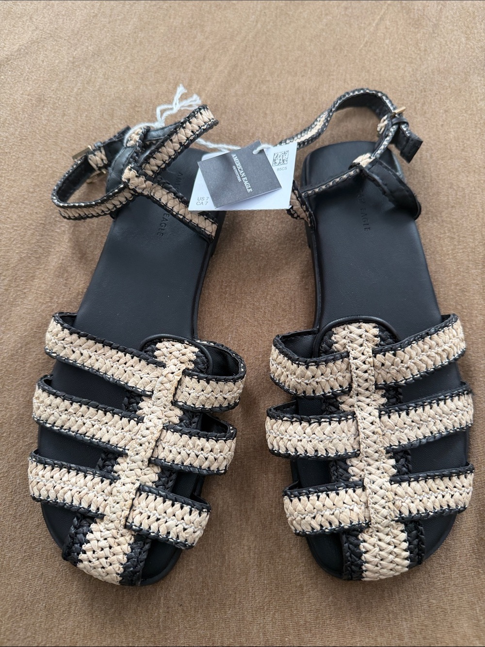NWT American Eagle Outfitters Black and Natural Braided Strappy Sandals- size 7